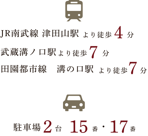 JR南武線 津田山駅 徒歩4分 武蔵溝ノ口駅徒歩7分 田園都市線 溝の口駅徒歩7分 駐車場2分